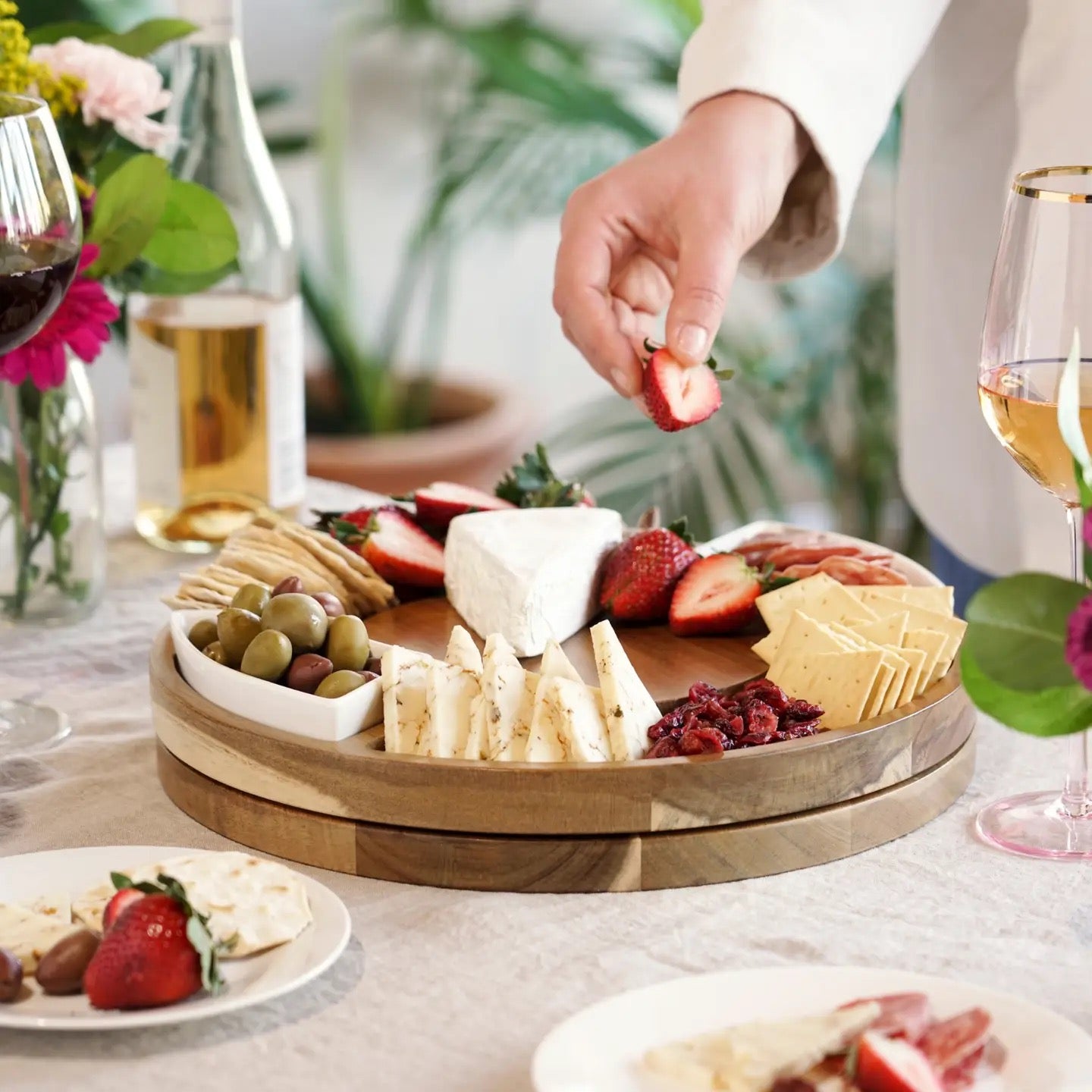 13" Rotating Acacia Charcuterie Board with 2 Ceramic Bowls